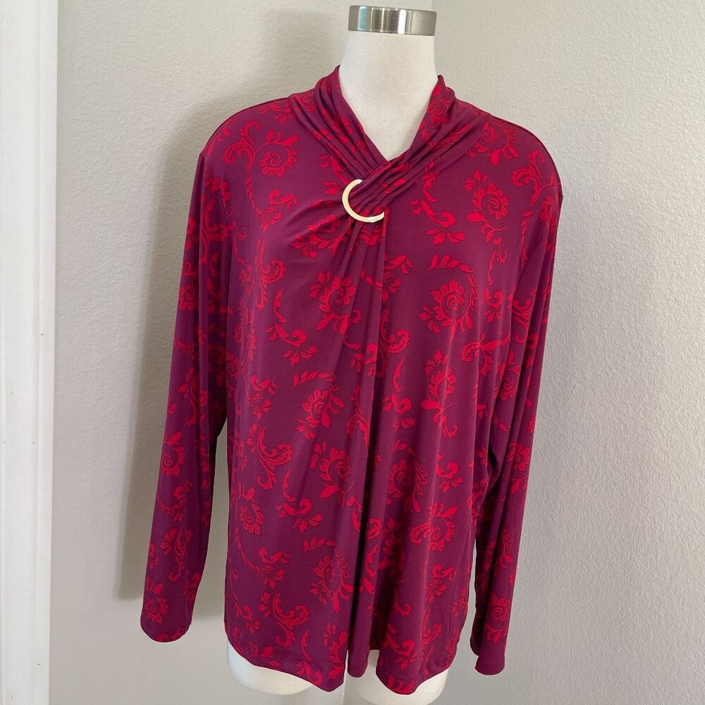 Liz Claiborne Womens Plus 2X Red Purple Floral Longβ Sleeve Top Gold Ring Accent